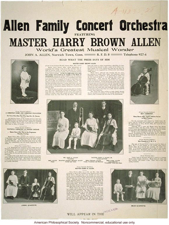 "Allen family concert orchestra, featuring Master Harry Allen, world's greatest musical wonder"
