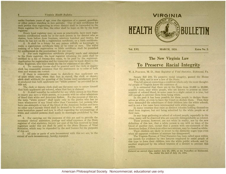 "The New Virginia Law to Preserve Racial Integrity," by W. A. Plecker