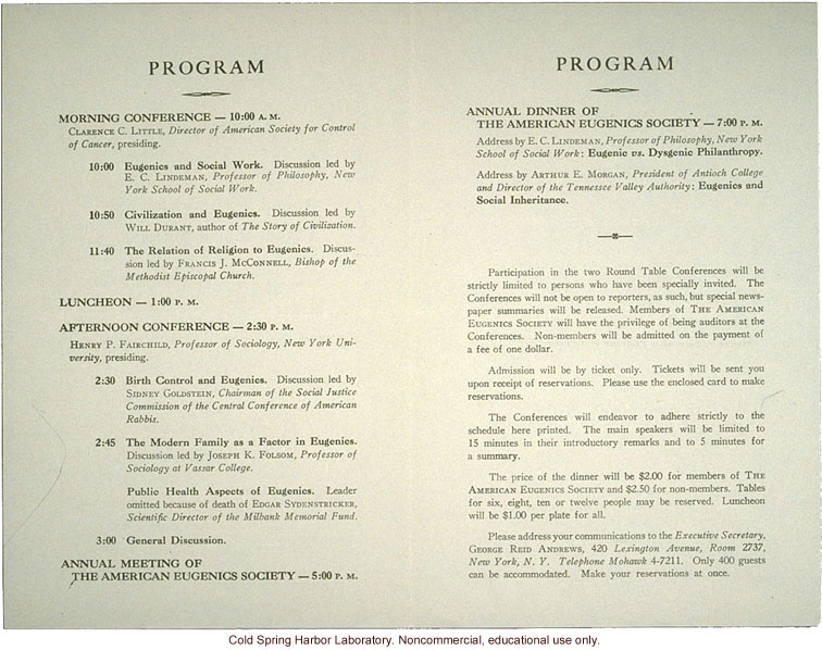 American Eugenics Society, program for "Round Table Conferences and ...