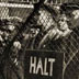 Inmates at the gate to Auschwitz extermination camp, 1945